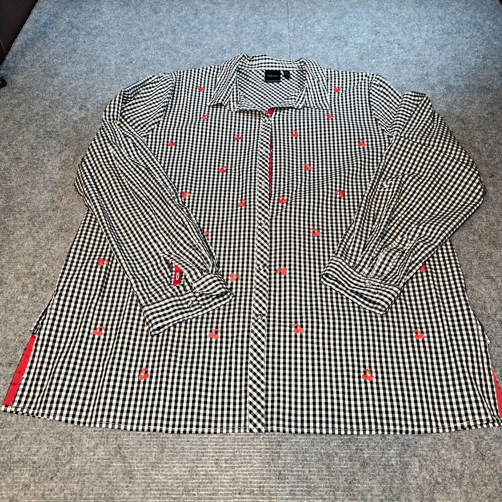 Rafaella Women’s XL Black White Gingham Embroidered Collared Button-Up Blouse